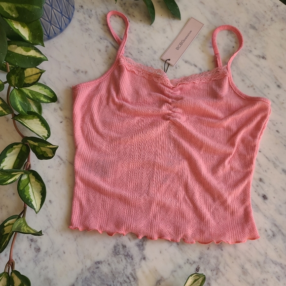 NWT BCBGeneration Coral Pointelle Knit Ruched Front Cropped Camisole Tank Medium - Picture 1 of 11